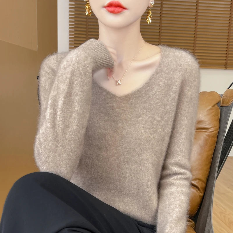 Fashion Pullover 100% Merino Wool Women Sweater V-Neck Long Sleeve Basic Jumper Spring Autumn Winter Clothing Knitwear Tops