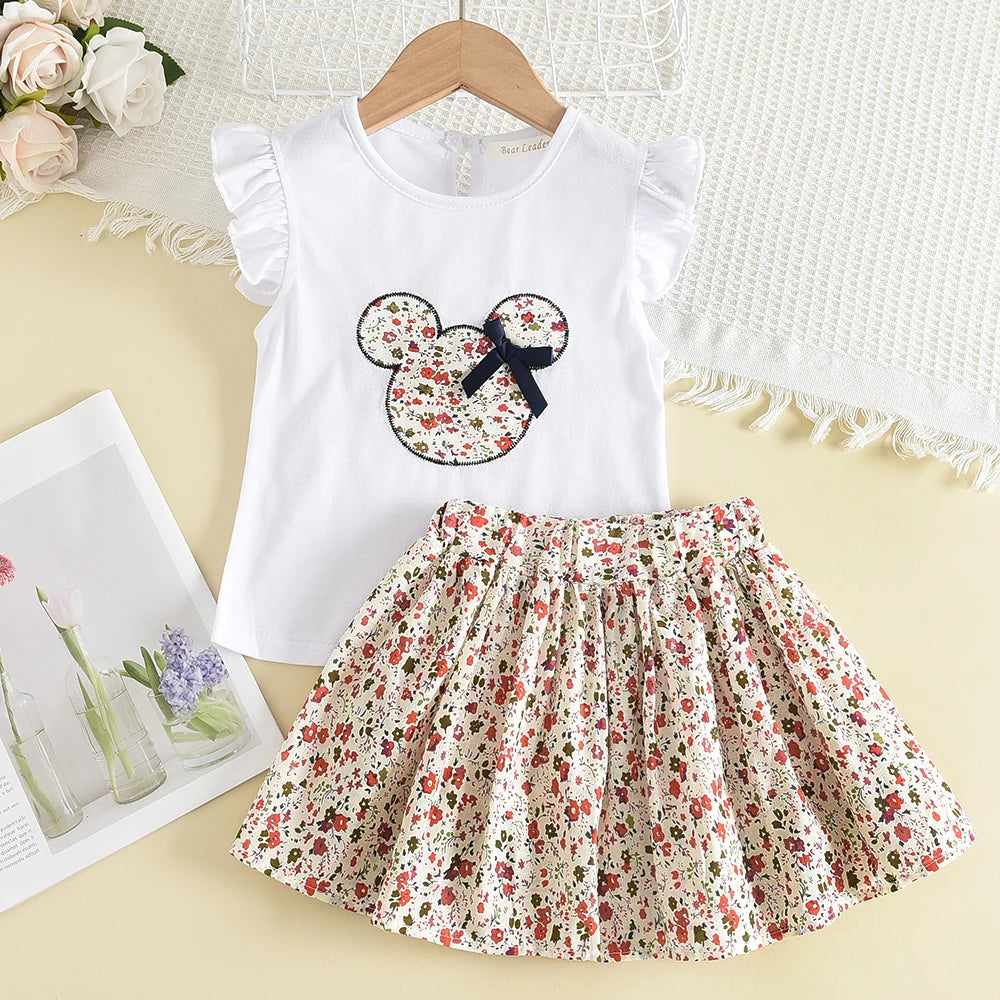 Bear Leader Summer 2Pcs Girls Clothes Sets Floral Cartoon Kids Ruffle Sleeve Top and Skirt Outfits Casual Girls Boutique Outfits