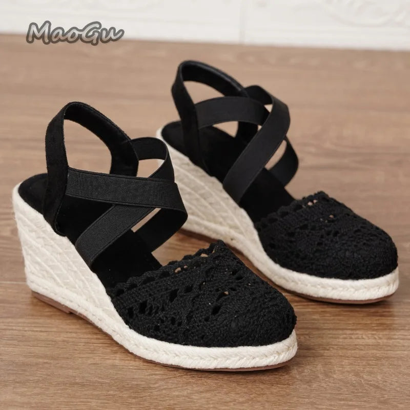Women's Espadrilles Summer Lace Wedge Sandals Cover Toe Elastic Ankle Strap Shoes Ladies Platform Espadrille Comfortable Shoes