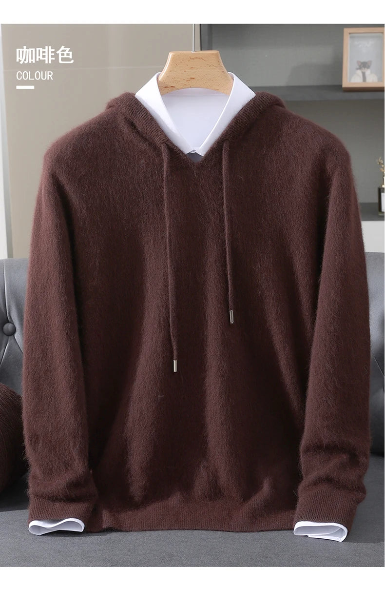 Men's Clothing: 100% Pure Mink Cashmere Knitted Sweater Casual And Loose Large-Sized Hooded Pullover Autumn Winter New Products