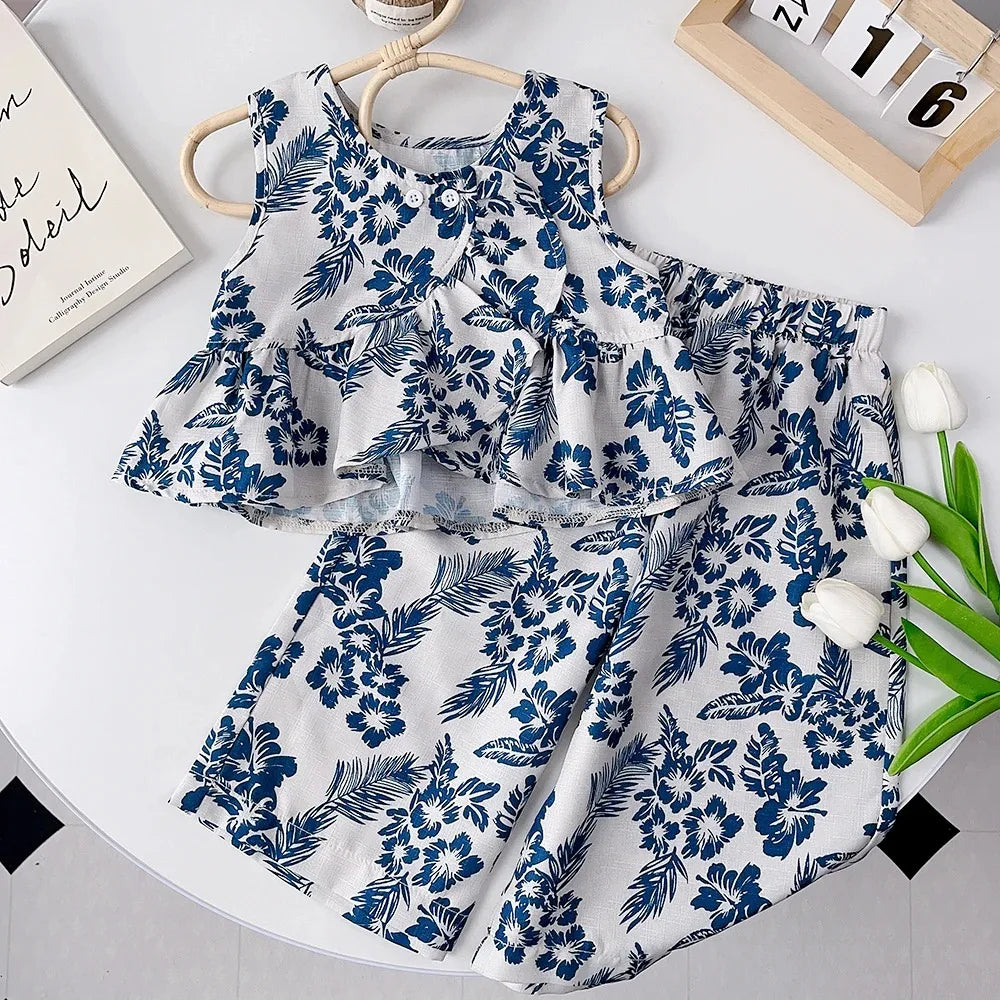 Bear Leader Girls Netflix Tops Wide-legged Pants Set Summer 2026 New Fashion Temperament Retro Floral Two-piece Girls Clothing