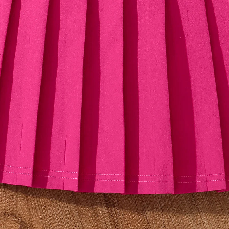 2024 New Children's Fashion Clothes Sets For Kids Girl Black Smiley T-shirt And Rose Red Pleated Skirt High Quality Korean Style