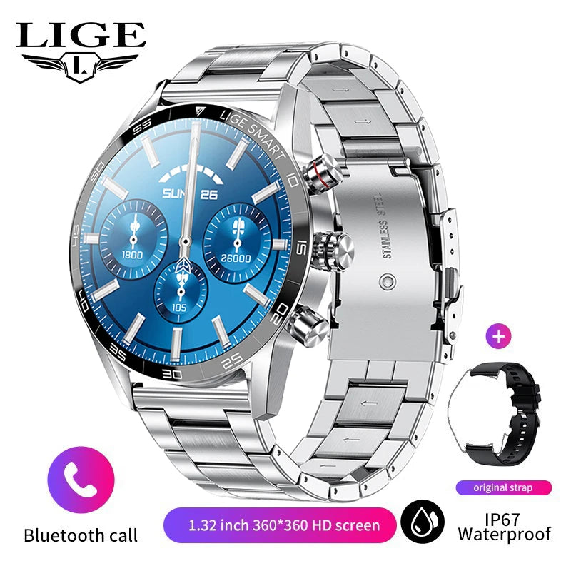 LIGE Men's Smart Watch Bluetooth Connection AMOLED Screen Smartwatch Men IP68 Waterproof Voice Call Samrtwatches for Android iOS