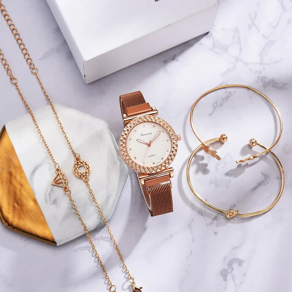Luxury 5pcs Set Bracelet Watch Women Elegant Magnet Diamond Ladies Quartz Wrist Watch Dress Pink Clock Reloj Mujer Dropshipping