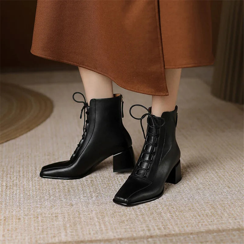 2022 Autumn Women Boots Square Toe Back Zipper Women Shoes Chunky Heels Shoes for Women High Heel Boots Vintage Leather Shoes