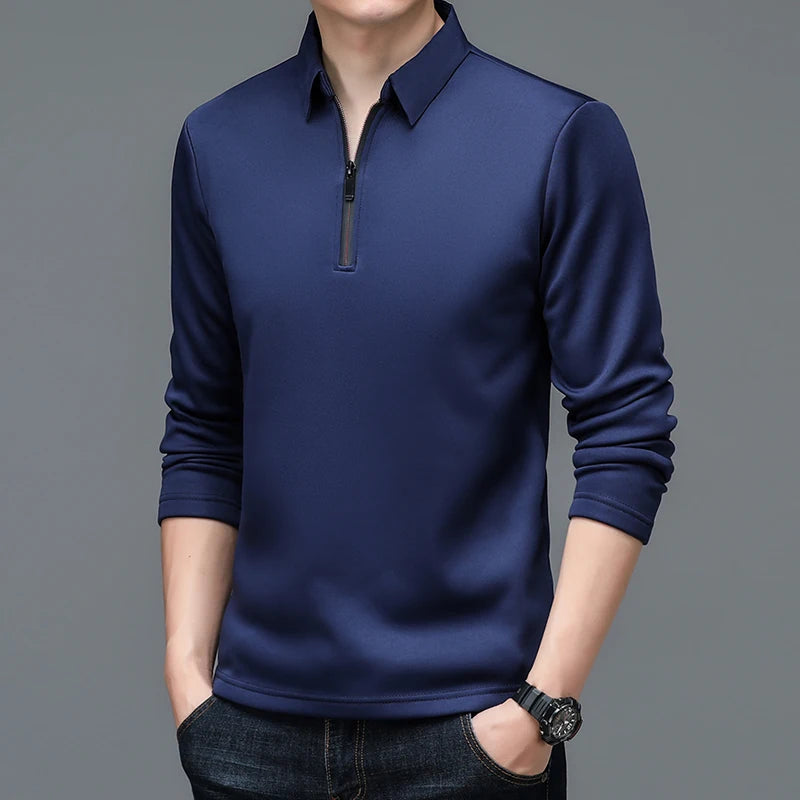 Fashion Brand Luxury Zipper Polo Shirt  Men's Solid Lapel Long-sleeved Polos Shirt Male Thin Tee Shirt Casual Loose Polo Tops