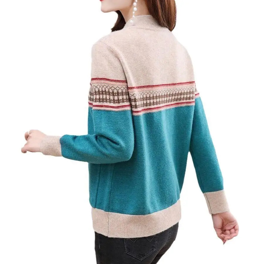 Office Lady Sweaters Simplicity Printing Patchwork Pocket Zipper Casual Fashion Loose Long Sleeve Temperament Women's Clothing