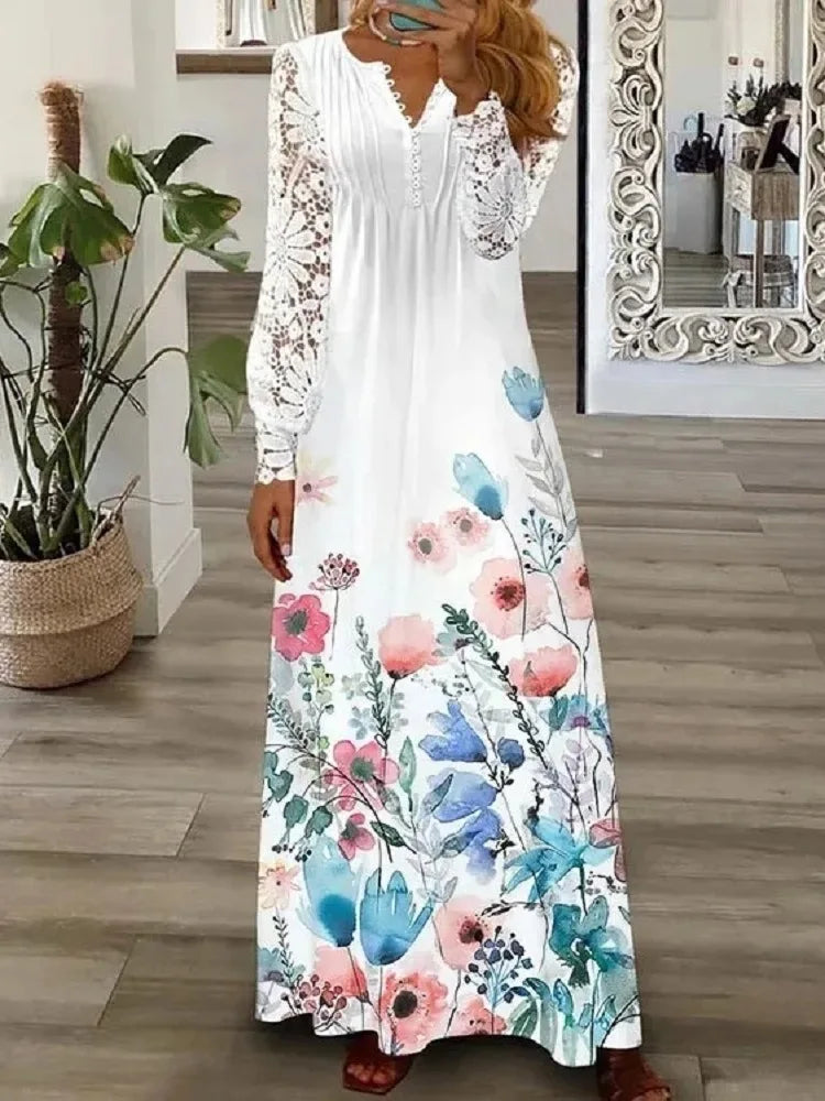 Spring Women Lace Button Loose Boho Vintage Ruffles Dresses Befree Summer Elegant Party Large Big Summer Party Maxi Dress