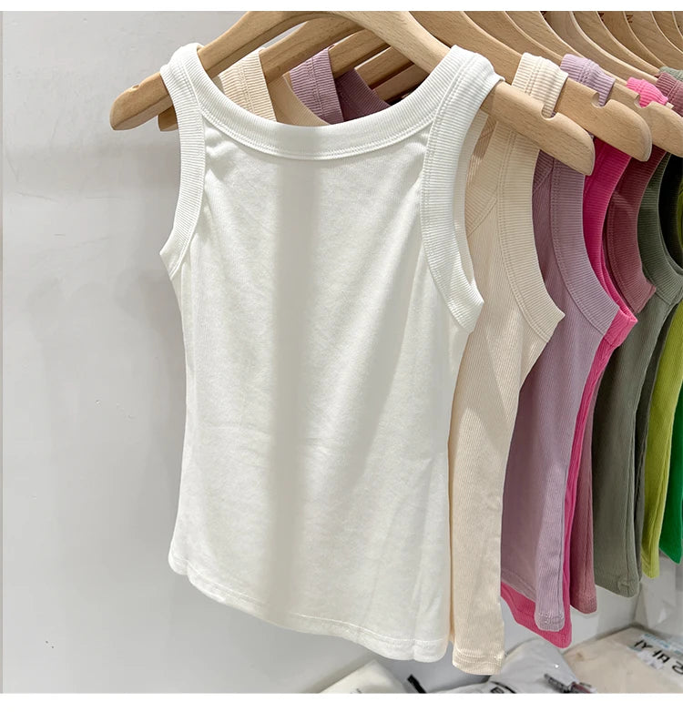Women Solid Round Neck Ribbed Tank Top Camisole Women 2026 Summer Basic Elastic Tank Top O Neck Solid Tank Top