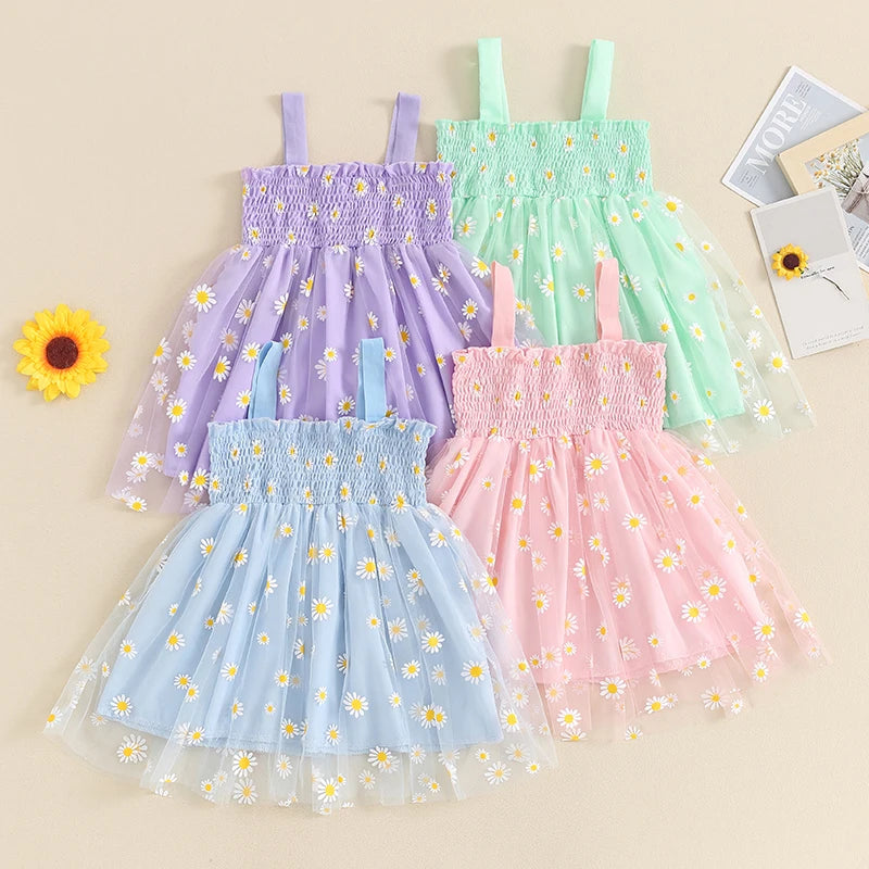 Vestido de tul para niñas, vestido Floral de margaritas para fiesta de cumpleaños, sin mangas, con tirantes, ropa informal para niño niña, vestido de princesa