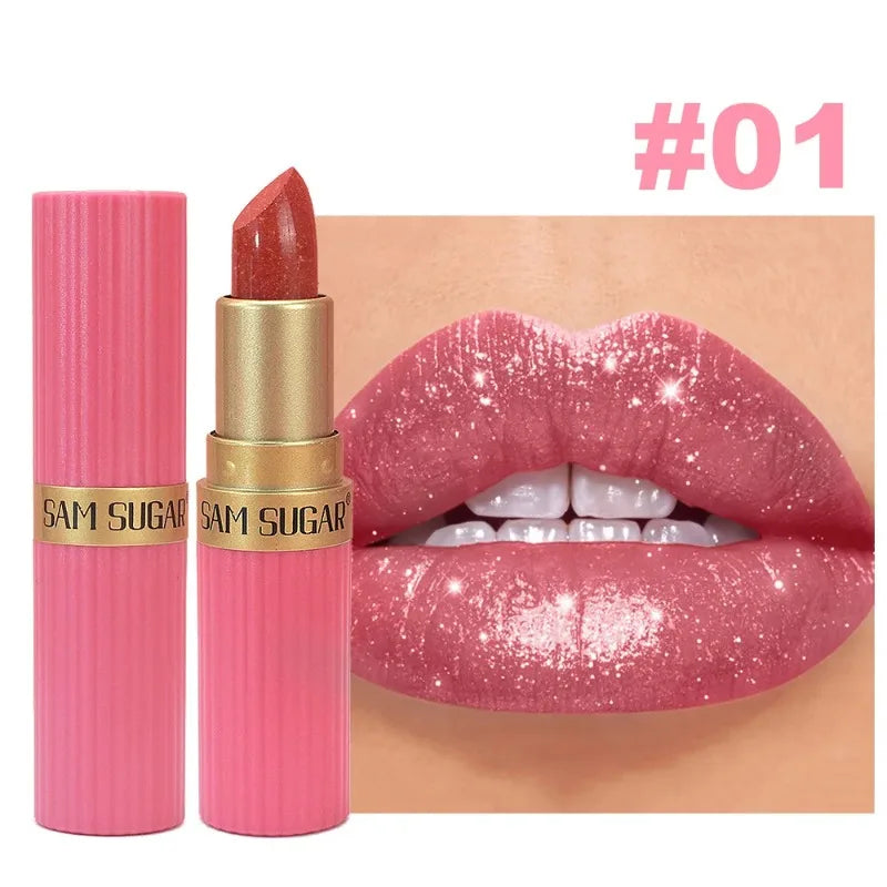 Pearlescent Pink Glitter Lipstick Metallic Waterproof Long Lasting Nude Matte Velvet Lip Stick Shimmer Diamond Women Sexy Makeup