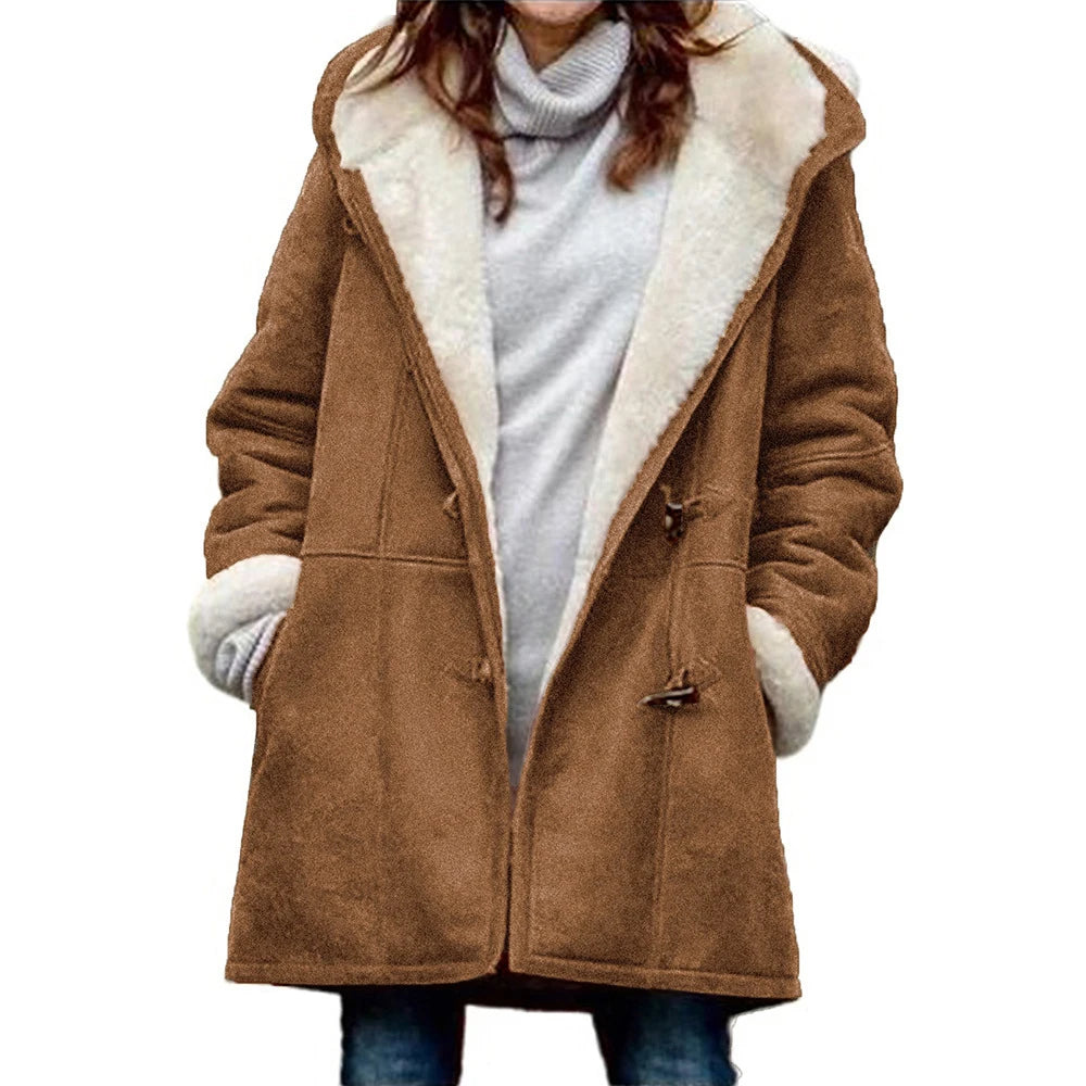 Winter Women's Sherpa Jacket Casual Trendy Warm Fleece Lined Pocket Overcoat Hooded Parka Toggle Buttons Coats Velvet Outerwear