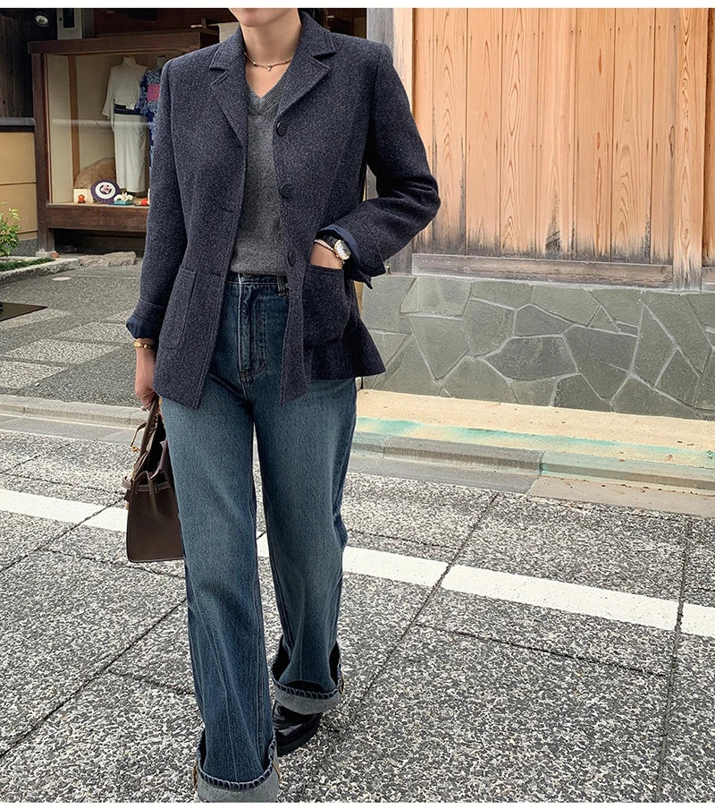 50 Wool Women Notched Collar Blazer Jacket Coat Fall Winter Thick Warm Overcoat Pocket Fashion Slim Waist Buttons Coat 2024 New