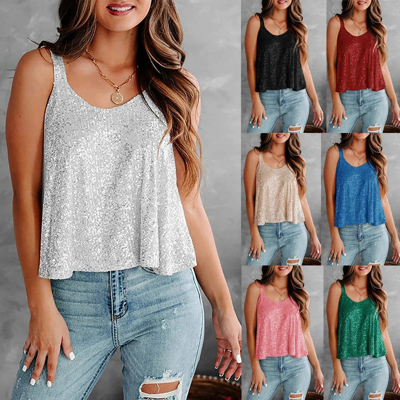 Sleeveless Sequin Tank Top Club Gala Women's Party Top Halter Top
