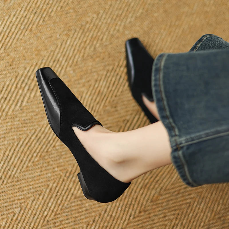 2025 NEW Autumn Women Loafers Genuine Leather Women Shoes Square Toe Chunky Heel Shoes Women Pumps Soft Ladies Shoes