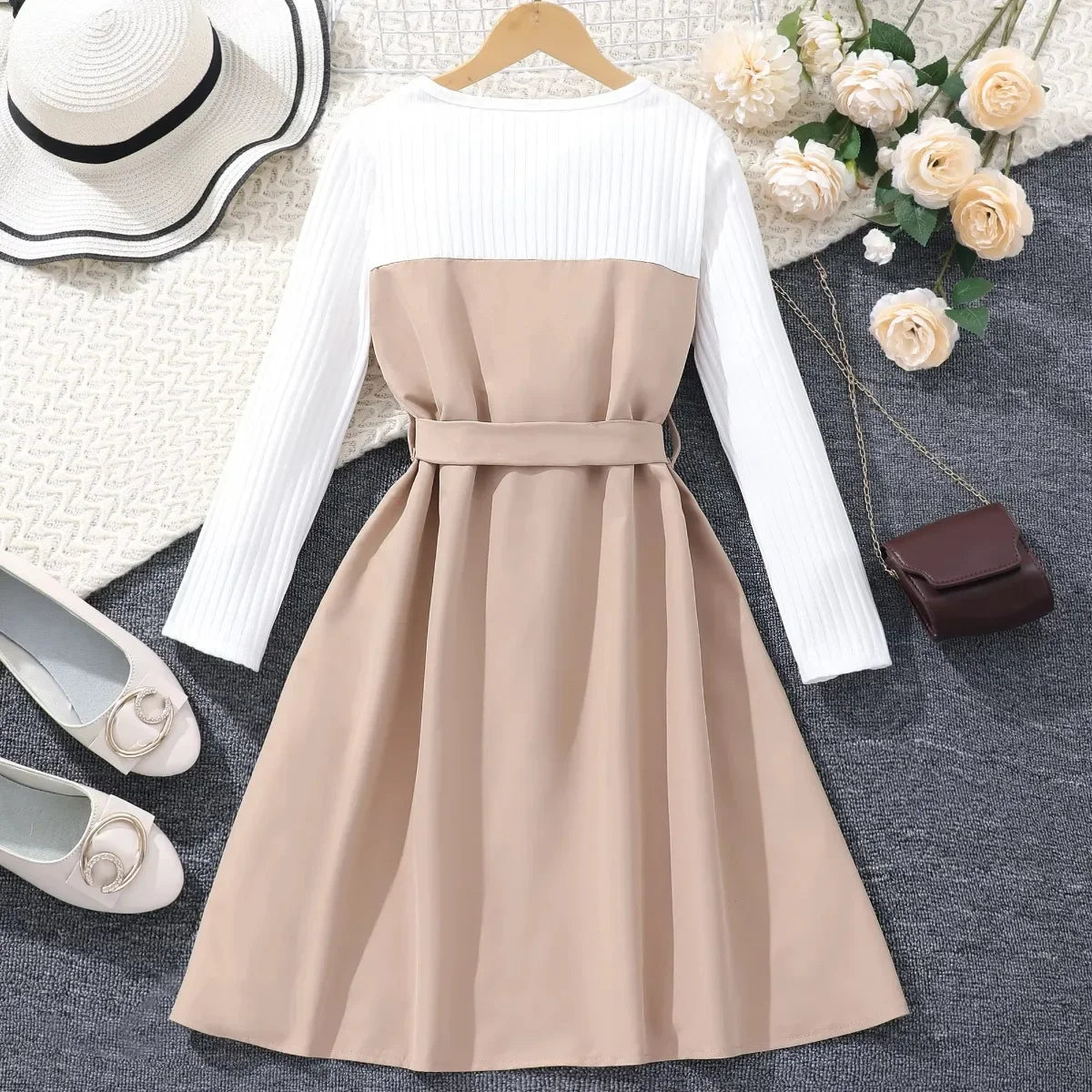 New Dress for Teens Girls 8-12Yrs Autumn Winter Belt Button Khaki Children Dress Soft Sweet Warm Vintage Teens Girls Clothing