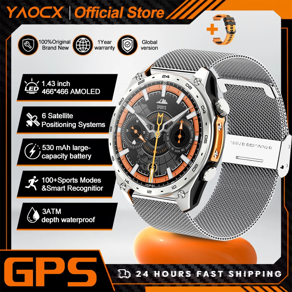 2026 New Smart Watch for Men with Built in GPS Maps 100+ Sport Modes 3ATM Waterproof BT Call MP3 MP4 Playback Altitude Compass