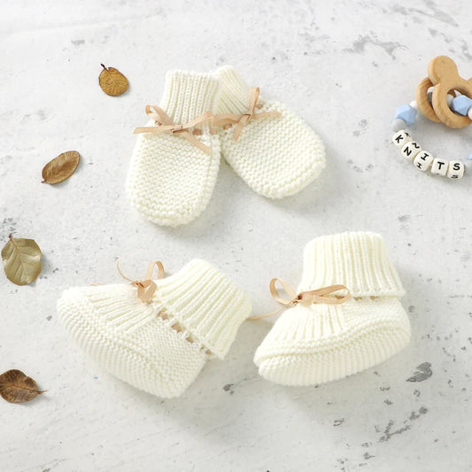 Newborn Baby Shoes Gloves Set Handmade Infant Boy Girl Boots Mittens Knitted Fashion Bow Toddler Kid Clothing Accessories 0-18M