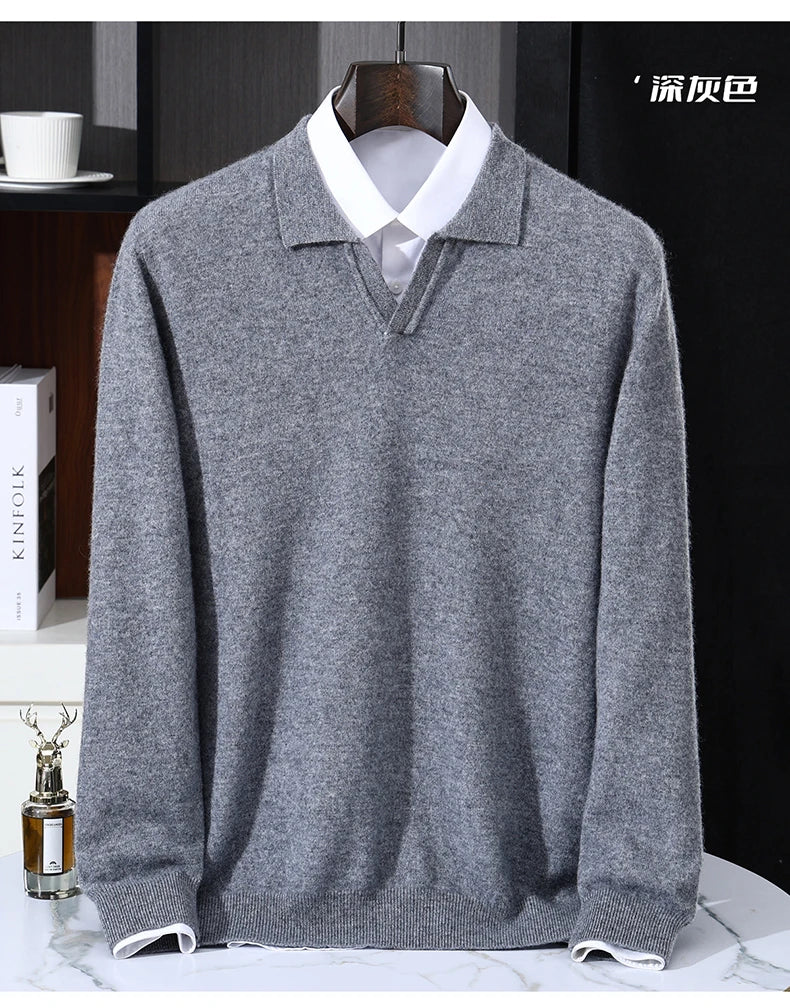 Autumn/Winter Men's 100% Pure Cashmere Pullover Business Casual Solid Knitted Sweater Loose Collar Tops Thick Warm Base Jumper