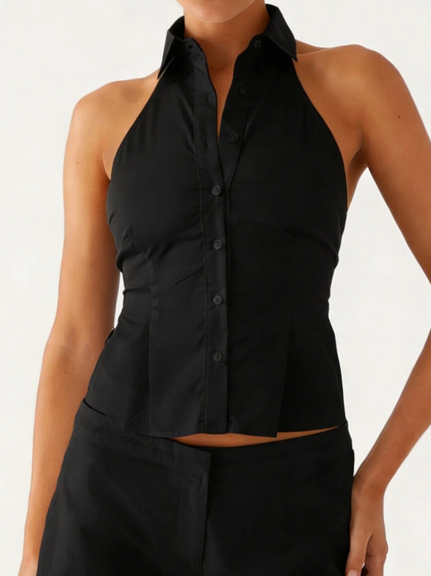 Women Button up Halter Tops Summer Trendy Lapel Tie up Backless Shirts for Streetwear Aesthetic Grunge Clothes