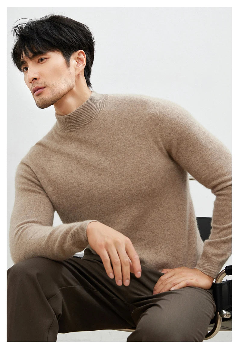 100% Pure Cashmere Men's Sweater Half High Neck Pullover Youth Business Casual Long Sleeve Jumper Spring/Autumn High-End Jacket