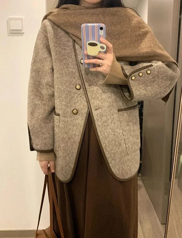 Wool Blend Coat for Women Short Plain Half Long Sleeve Elegant Mixtures Jacket Woman Fashion 2025 Winter Clothes Single Cheap