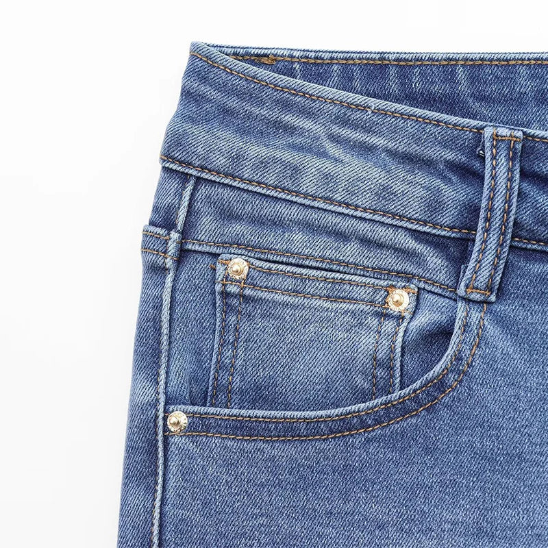 Women's Jeans Basic All-Match Slimming Denim Pants Fashion Metal Button High Waist Flared Pant High End Sense Casual Trousers