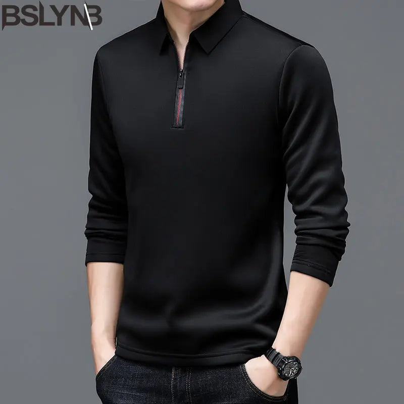 Fashion Brand Luxury Zipper Polo Shirt  Men's Solid Lapel Long-sleeved Polos Shirt Male Thin Tee Shirt Casual Loose Polo Tops