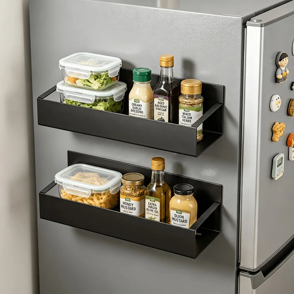 Magnetic Fridge Organizer Rack, Strong Magnet Kitchen Storage Shelf, No-Drill Washing Machine Side Spice Holder, Multi-functional Organizer Basket