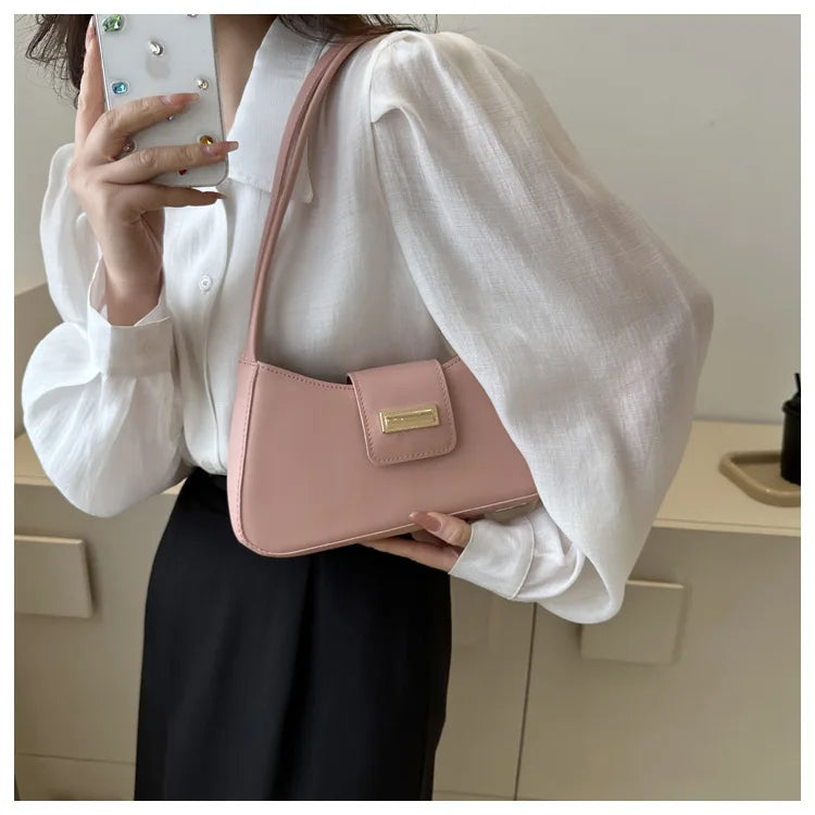 Minimalist Shoulder Bag for Women Simple Solid Color Underarm Bag Women's Buckle Handbag and Purse Fashion Small Top-handle Bags