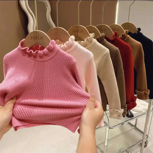 Fashion Baby Girl Underlay Sweater Autumn Winter Toddle Child Knitted Wood Ear Edge Middle Collar Pullover Top Kids Clothes