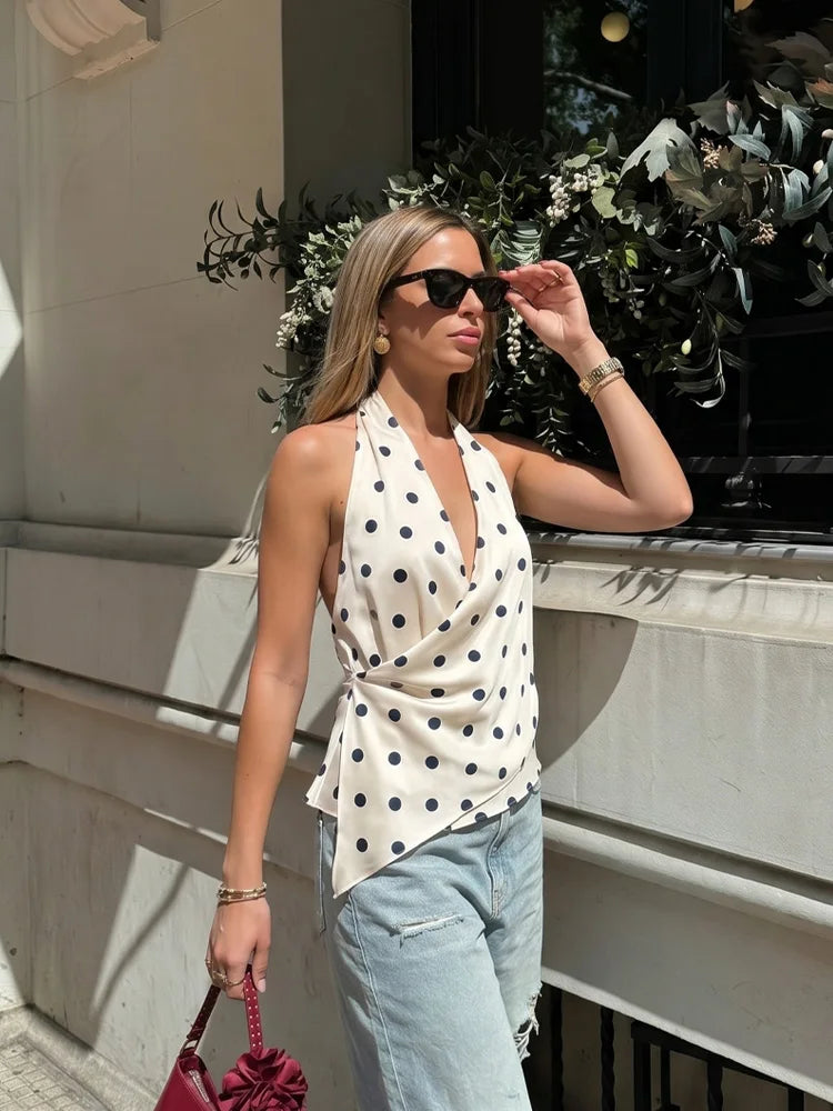 HH Women Fashion Halter Tops Draped Asymmetrical Hem Elegant Satin Sleeveless Summer Vest Female Casual Party Polka Dot Tops