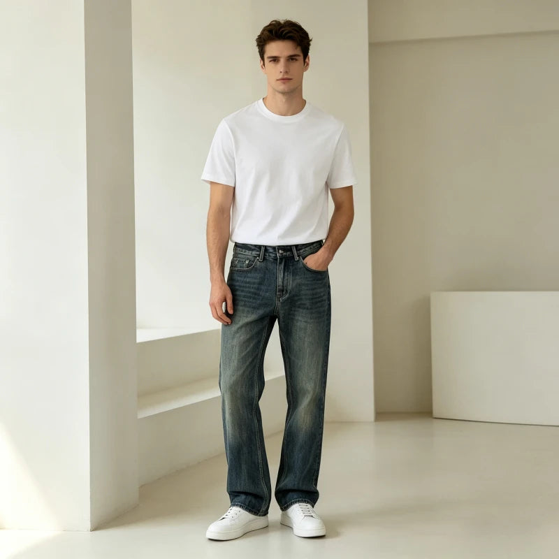 Bootcut Jeans Denim Pant Men Vintage Washed Distressed Y2k Streetwear Work Casual High Waist Straight Trousers Loose Spring 2026
