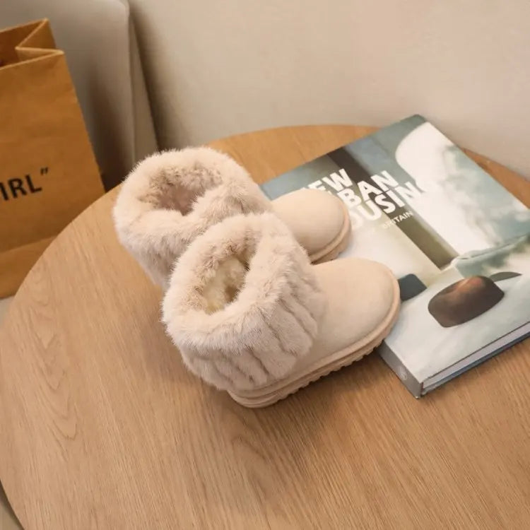 2025 Winter Classic Children Furry Snow Boots Beige Outdoor Girls Fashion Ankle Cotton Boots Warm Soft Kids Causal Ankle Boots