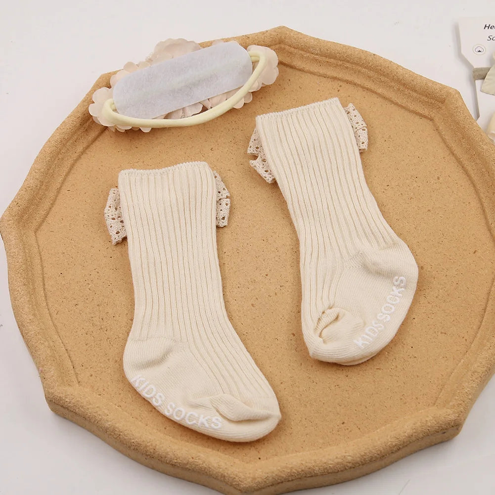 3Pcs/Set Ins Cream Color Latte Artificial Flower Headbands & Ribbed Short Socks Anti-Slip Cotton 0-12M Sockfor Infant Baby