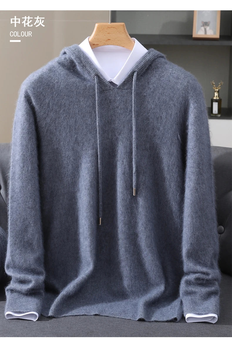 Men's Clothing: 100% Pure Mink Cashmere Knitted Sweater Casual And Loose Large-Sized Hooded Pullover Autumn Winter New Products