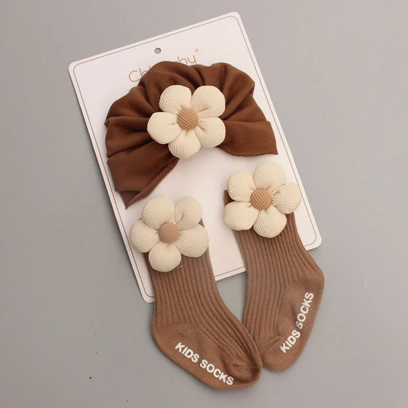 2Pcs/Set Bow Baby Newborn Hat Sock Prints Toddler Girls Urban Cap Soft Cotton Infant Kids Socks Winter Warmth 0-12Months