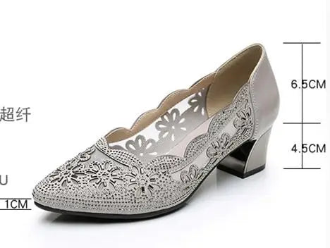 GKTINOO 2026 Summer Fashion Hollow Out Genuine Leather Pumps Women Shoes Med Heels Square Heel Mesh Ladies Office Shoes Crystal