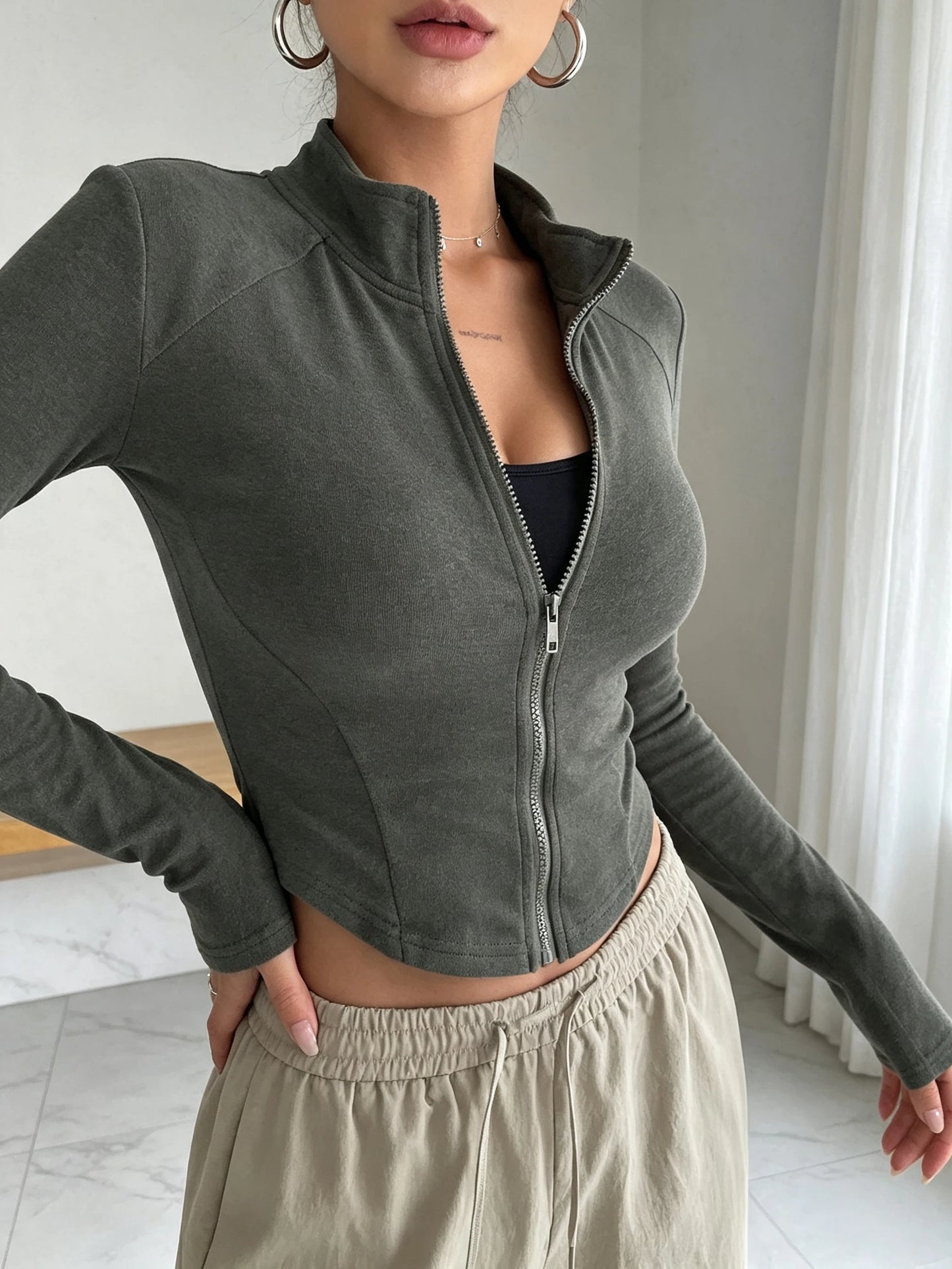 Women's Fall Winter Knit Zip Up Jacket Slim Fit Stand Collar Long Sleeve Versatile Casual Sporty Cardigan
