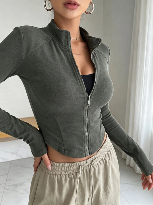 Women's Fall Winter Knit Zip Up Jacket Slim Fit Stand Collar Long Sleeve Versatile Casual Sporty Cardigan