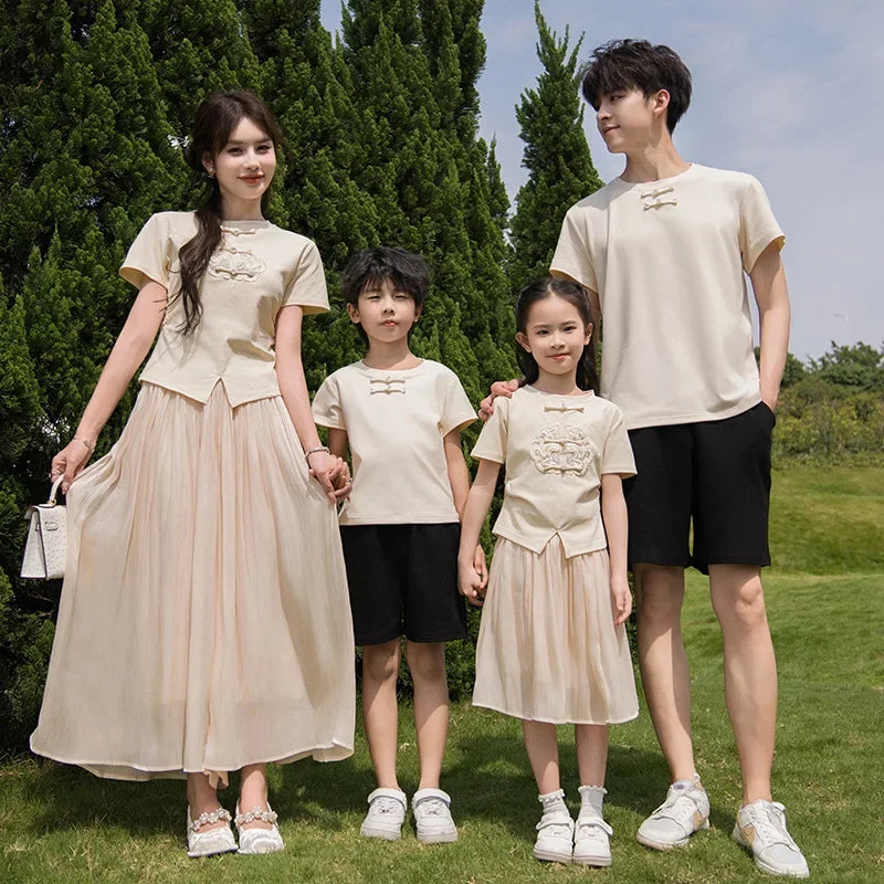 Mom Daughter Skirt Two Piece Sets Chinese Style Family Clothes Couple Matching Outfits Clothing for Women Dad Son T Shirts Suit