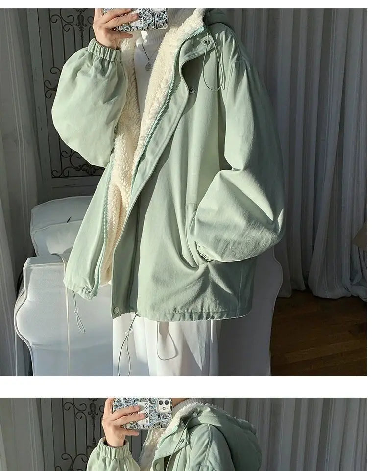 Lamb wool Jacket Women's 2025 Autumn winter New Korean version Loose Workwear Student cotton Jackets Female Hooded Warm Coat