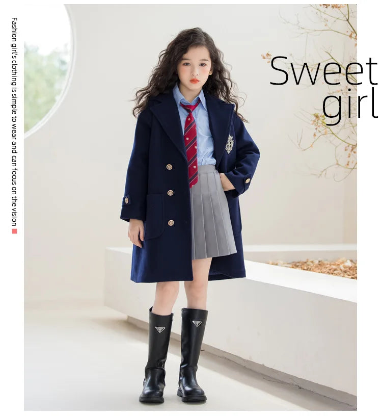 Teens Girls Winter Jacket Preppy Style Navy Mid-length Wool Coat for Kids Thick Warm Casual All-match School Children Outerwear