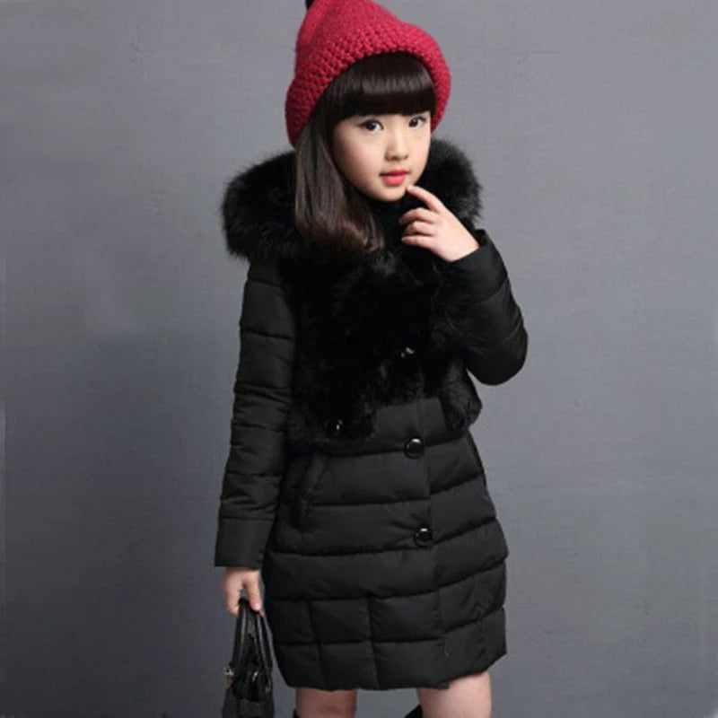 Winter Warm Jackets for Girls Fashion Fur Hooded Children Girls Waterproof Outwear Kids Cotton Lined Parkas