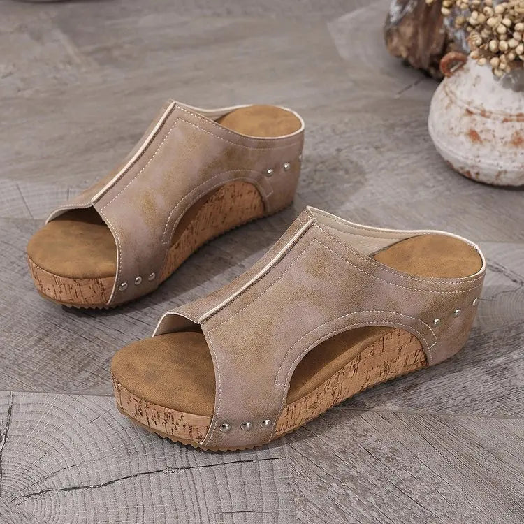 Women's Fashion Wedge Sandals Cork Platform Mules Open Toe Studded Slide Sandals Casual Summer High Heel Slides for Women Ladies