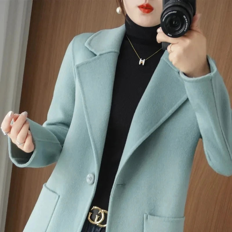 100% Pure Wool Double-Sided Cashmere Jacket Women Overcoat  Autumn Winter New Mid-Length One-Button Slim Wool Windbreakers coat