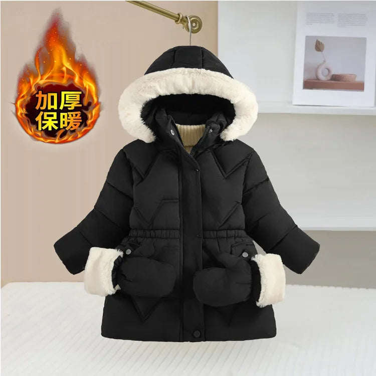 2025 Winter New Girls Jacket Long Solid Color Lining Berber Fleece Thick Warm Hooded Parka For 4-10Y Girls Bow Fashion Snowsuit