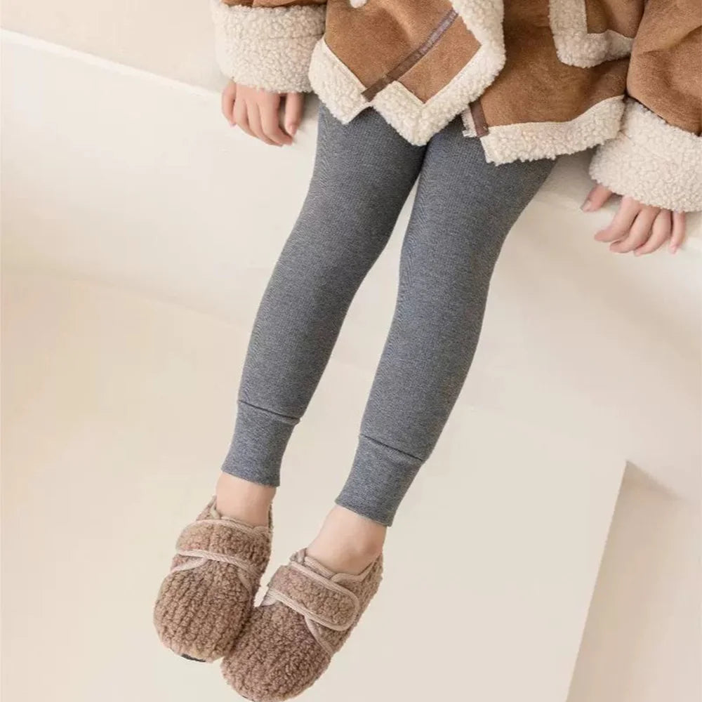 Girls Thermal Leggings Autumn Winter Thick Fleece Lined Kids Warm Stretchy Skinny Pants Solid Color Children Casual Trousers