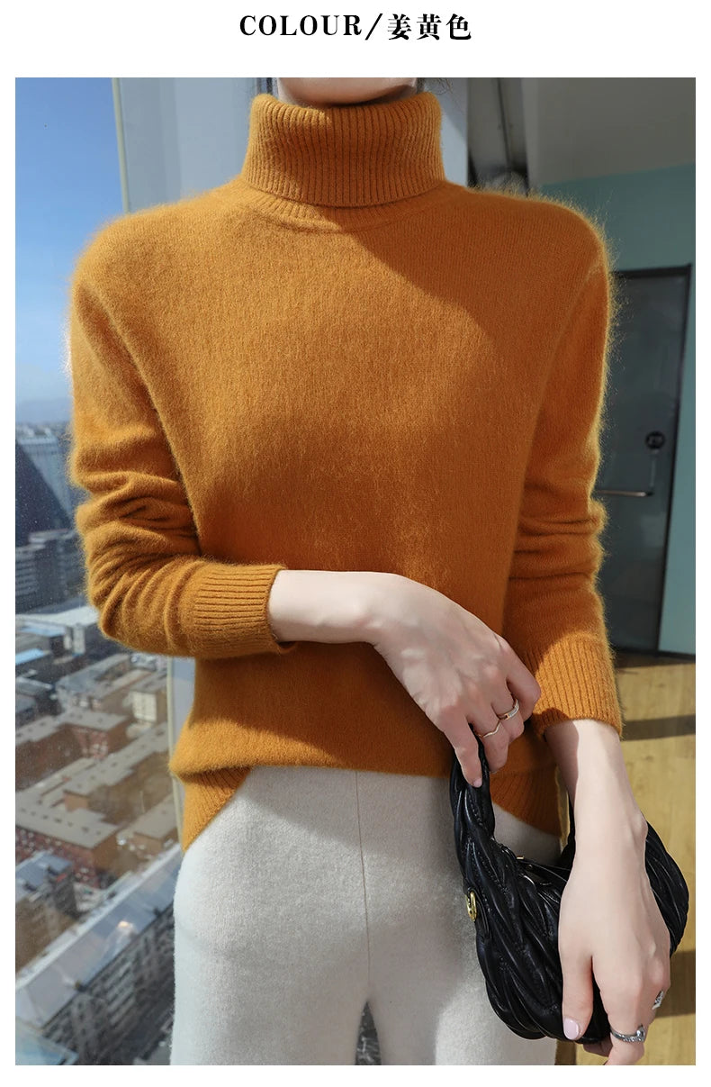 100% Mink Cashmere Top-Lapel Women Sweater Long-sleeves Fashion High-elasticity Sexy Winter Knitted Pullover Girl Tops 2024