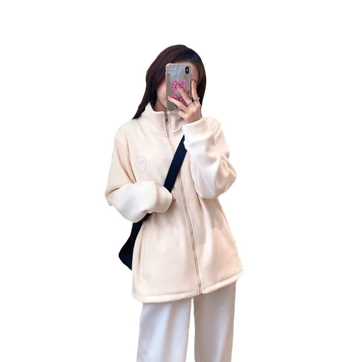 Fleece Jacket for Women in Autumn and Winter New Loose Lamb Wool Sweatshirt for Women Stand-up Collar Small Top